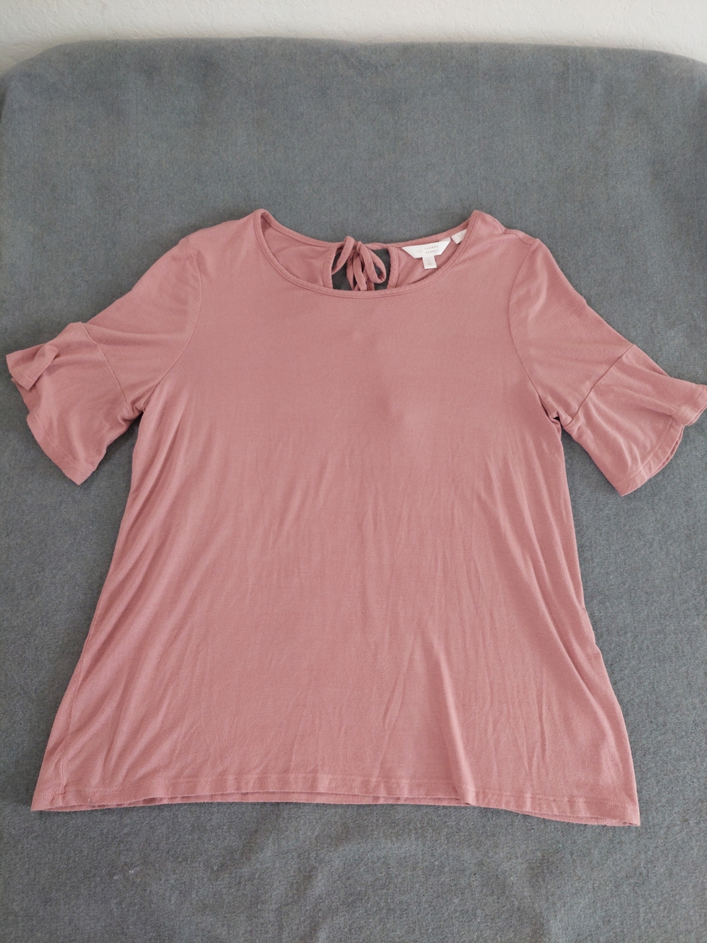 LC Lauren Conrad Rose Pink Bell Sleeve Keyhole Tie Back Top Large - Picture 2 of 7